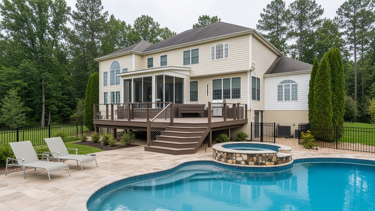 Design study of a composite deck with cable rail and stairs down to a stone patio