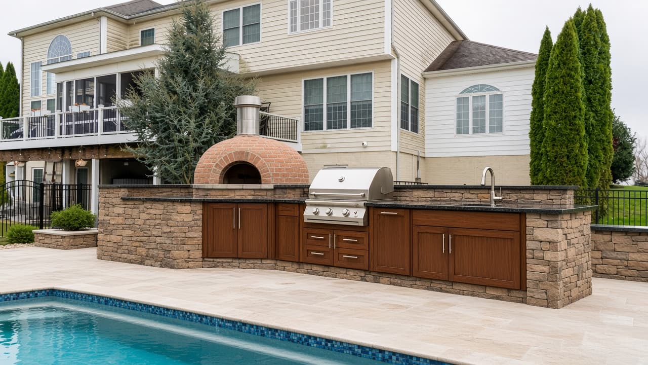 Built-in outdoor kitchen island beside a pool