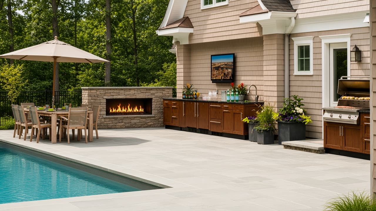 Design study of a linear gas fireplace in a stone wall with dining and an outdoor kitchen beyond