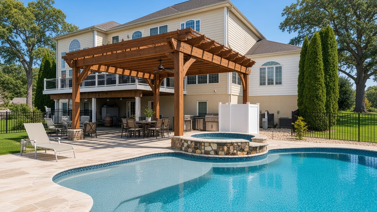 Design study of a heavy timber pergola throwing striped shade over a limestone patio